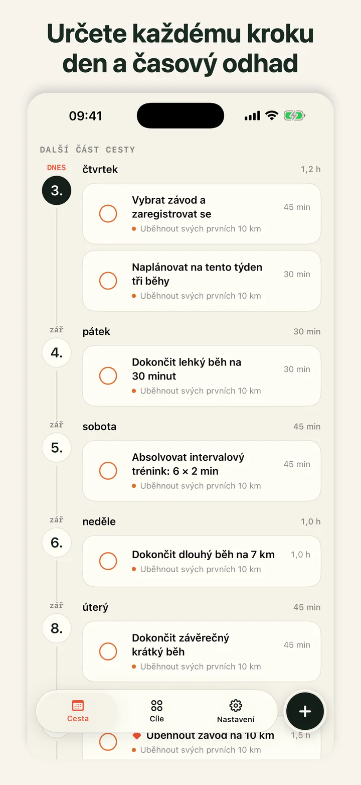 GoalLane s kroky cíle seřazenými podle data