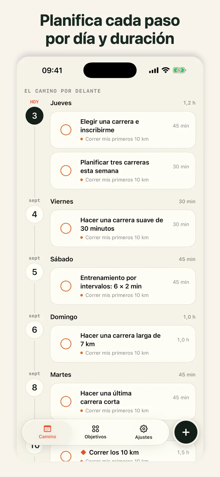 GoalLane muestra los pasos de una meta ordenados por fecha