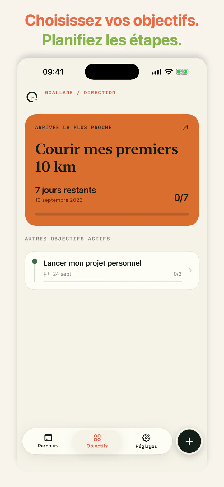 GoalLane affichant deux objectifs actifs et leur progression