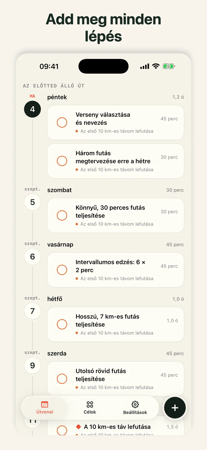 A GoalLane egy cél dátumok szerint elrendezett lépéseit mutatja