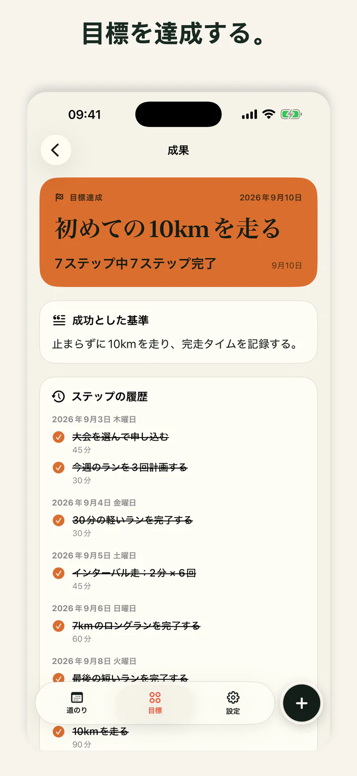 達成済みの目標を表示したアプリ「GoalLane」の画面