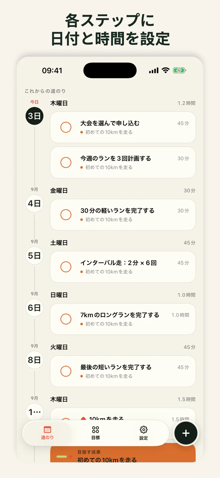 目標のステップを日付ごとに表示したアプリ「GoalLane」の画面