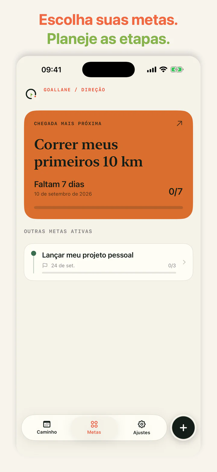 Tela do GoalLane com duas metas ativas e o progresso de cada uma