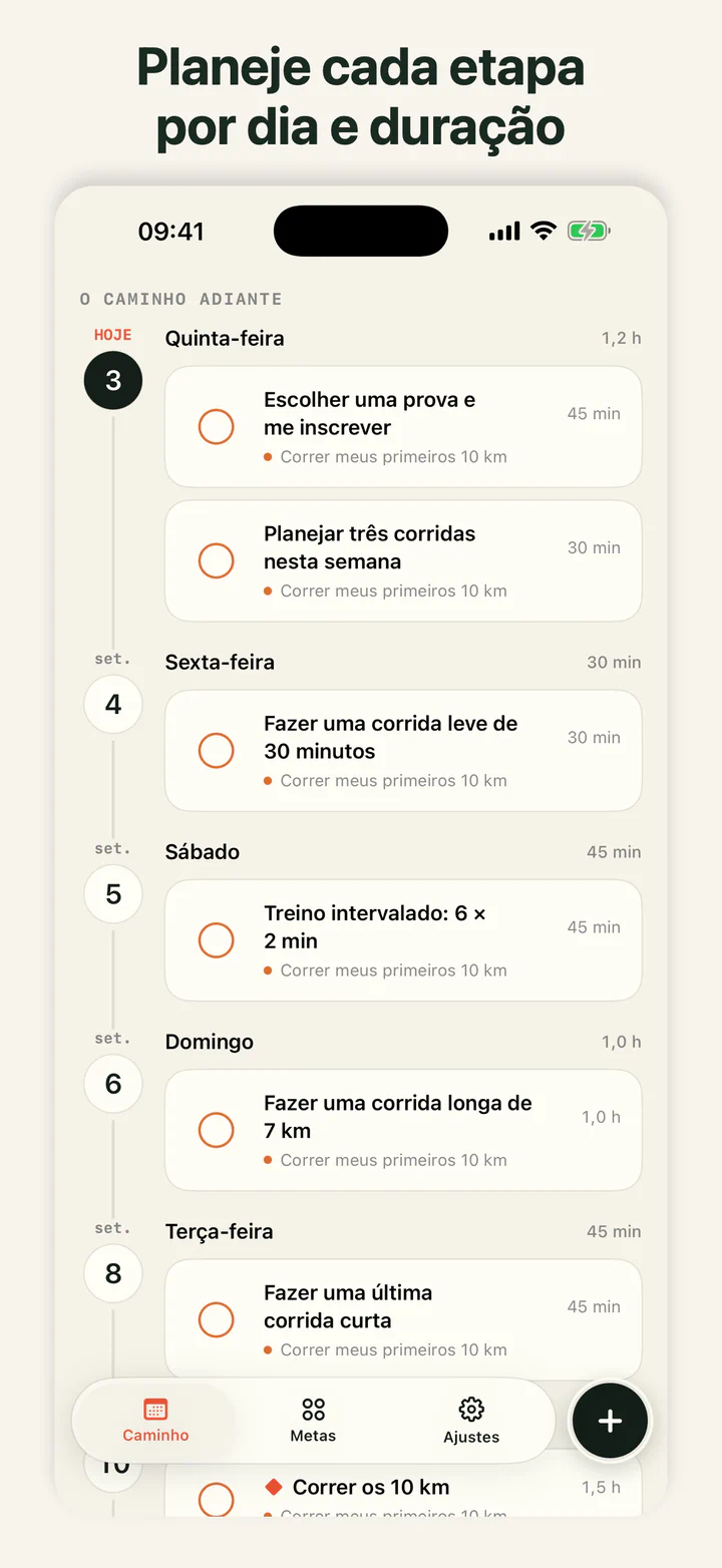 Tela do GoalLane com os passos de uma meta organizados por data