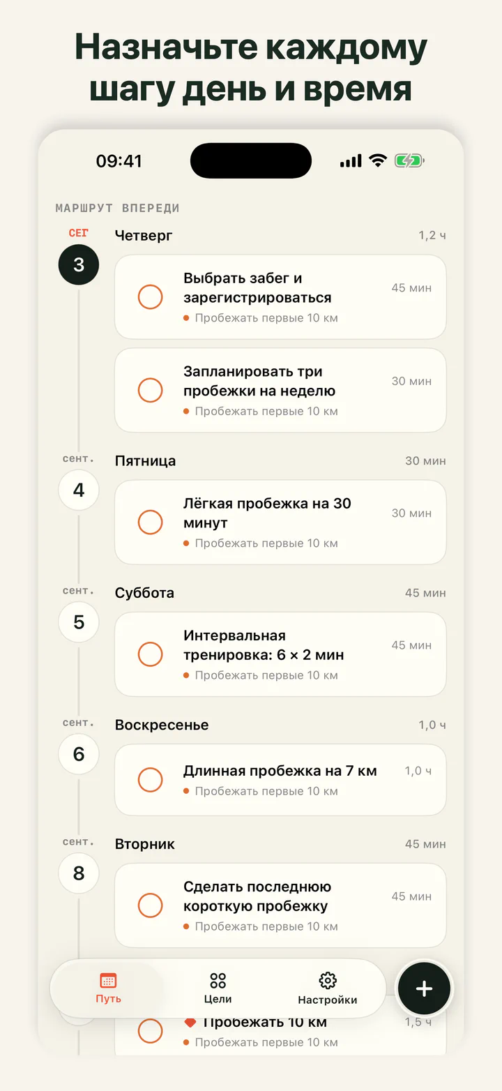 GoalLane с шагами цели, распределёнными по датам