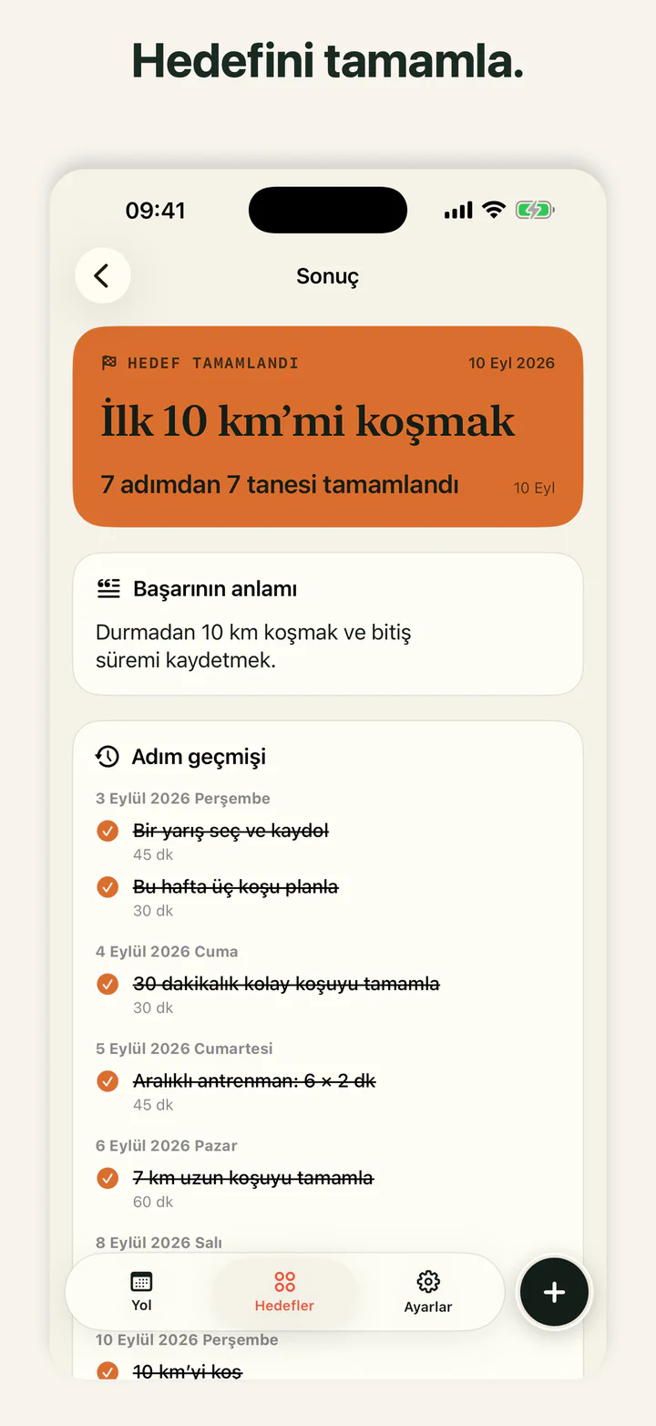 GoalLane uygulamasında tamamlanmış bir hedef