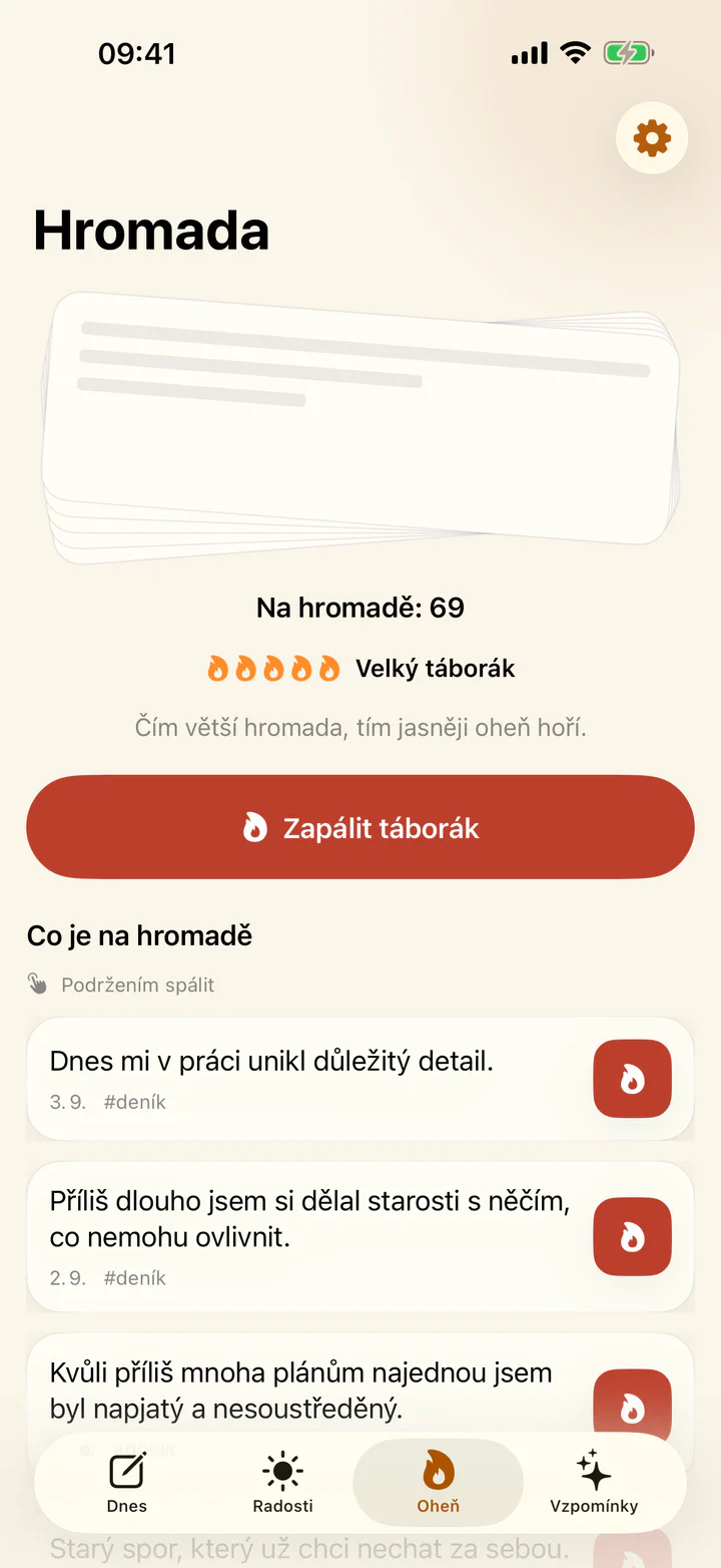 Spalování obtížného záznamu v deníku Radosti a trápení