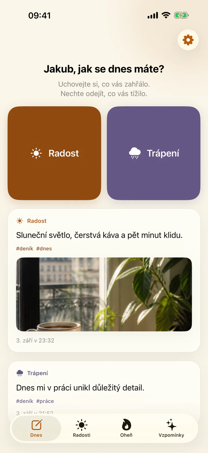 Obrazovka Dnes v aplikaci Radosti a trápení s tlačítky pro přidání radosti nebo trápení