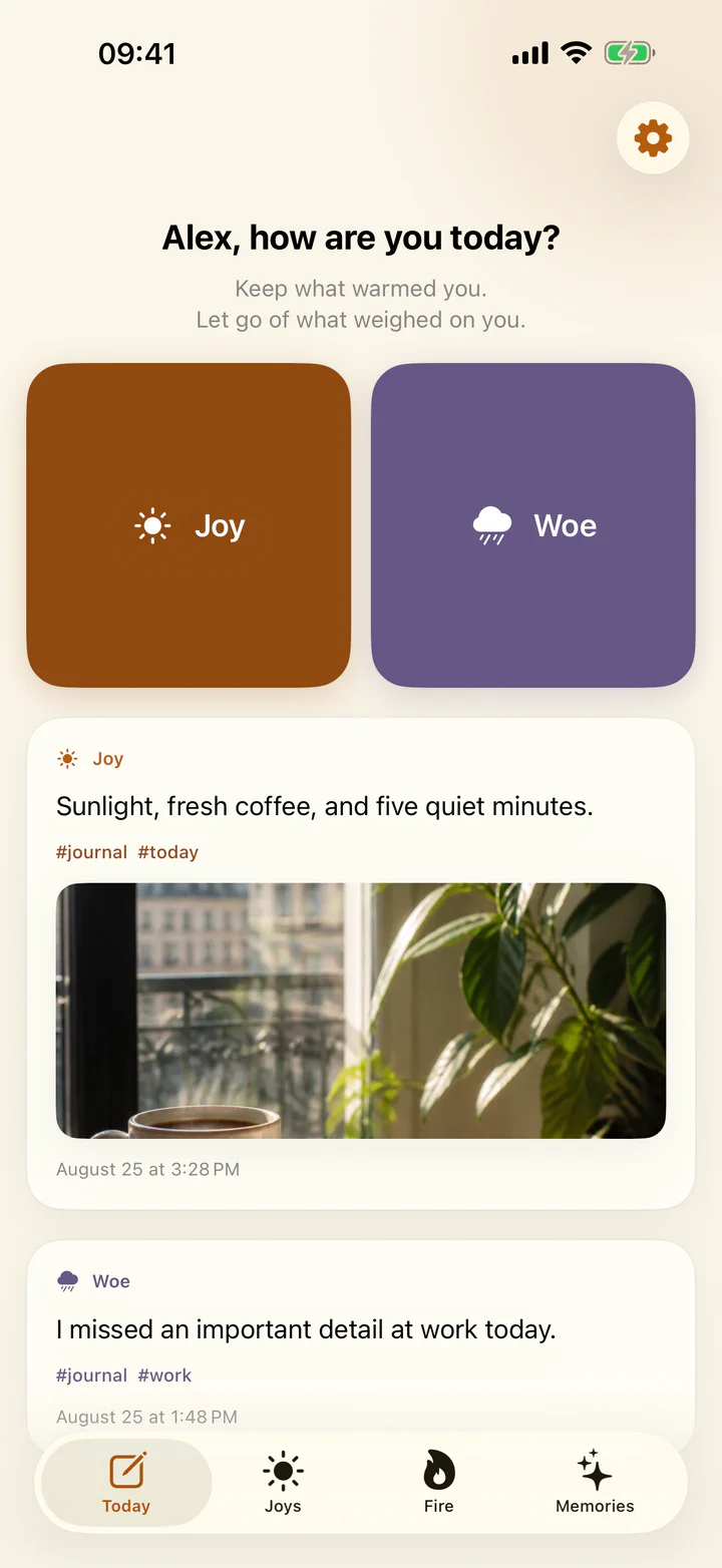 Today screen in Joys & Woes with buttons for adding a joy or a woe