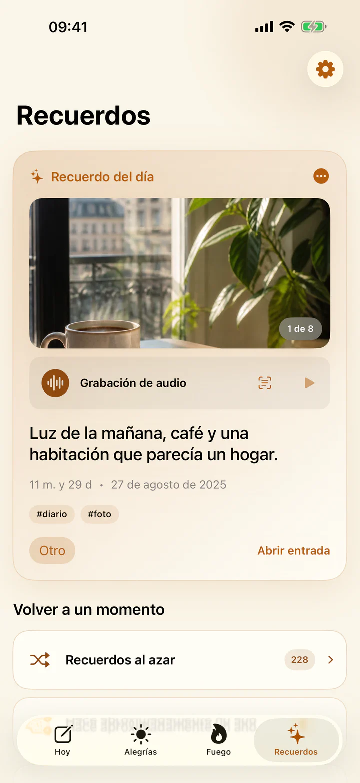 Pantalla Recuerdos con entradas alegres anteriores en Alegrías y penas