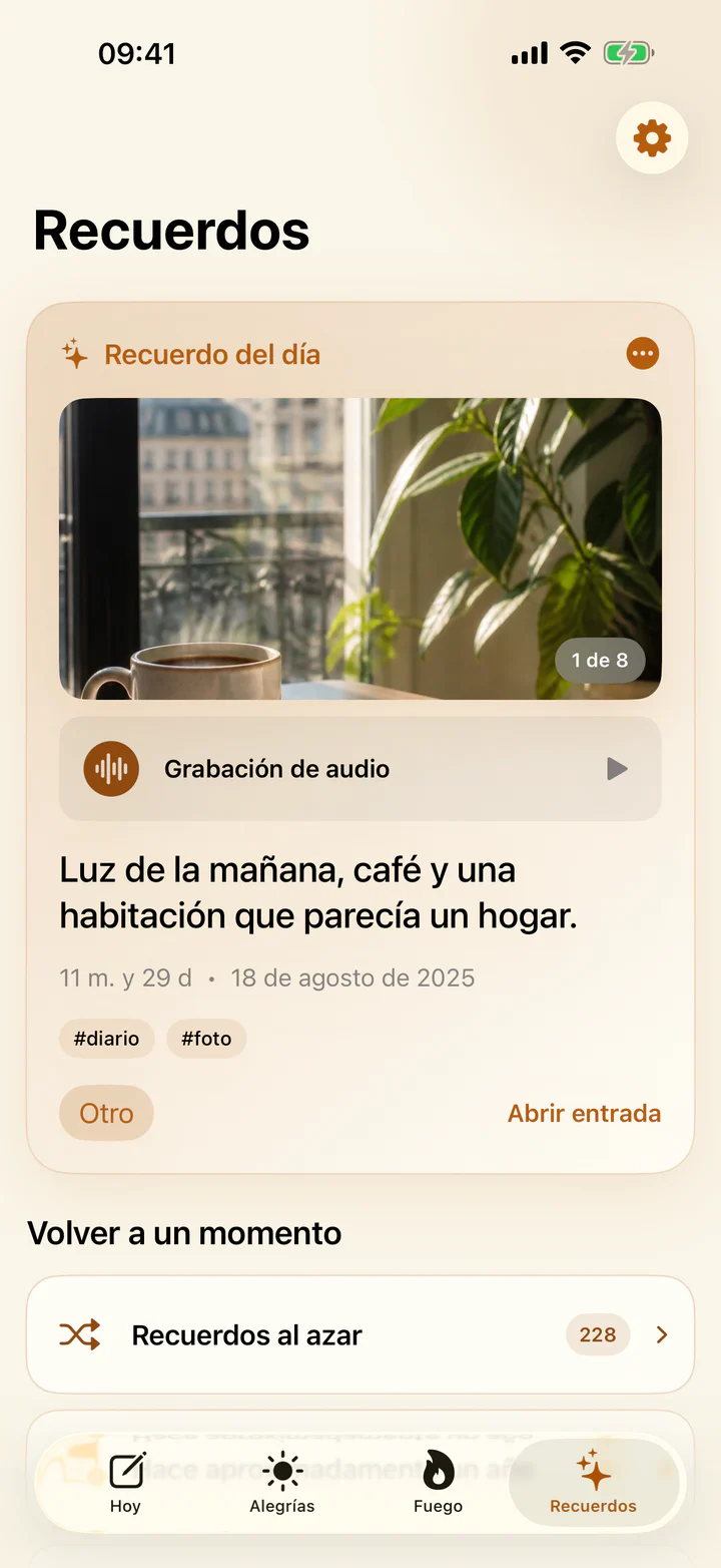 Pantalla Recuerdos con entradas alegres anteriores en Alegrías y penas
