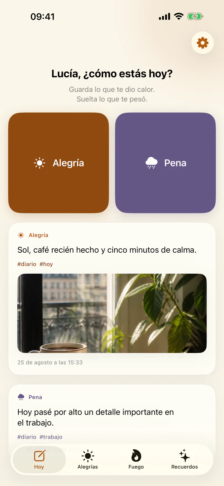 Pantalla Hoy de Alegrías y penas con botones para añadir una alegría o una pena