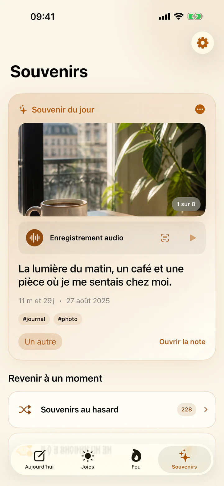 Écran Souvenirs de Joies & Tracas avec d’anciennes joies