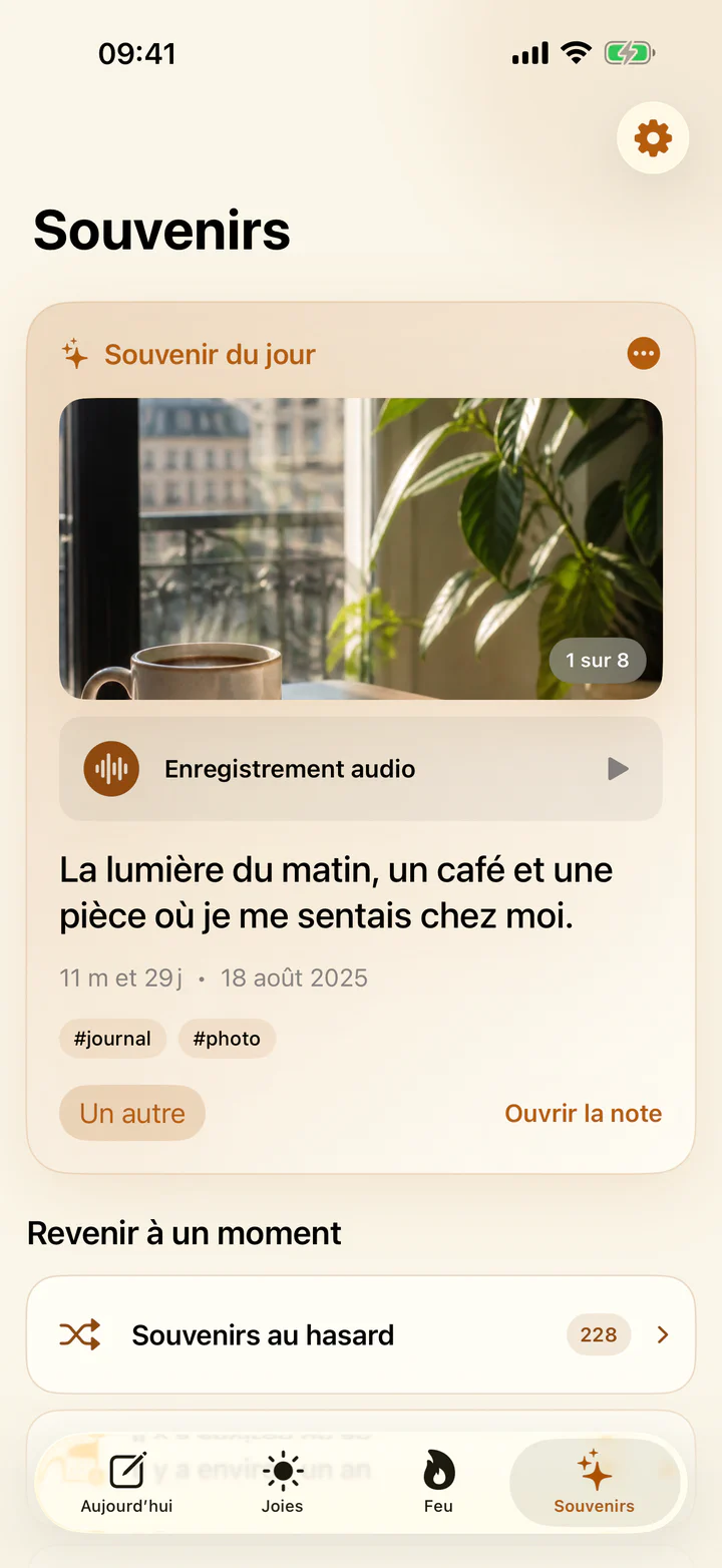 Écran Souvenirs de Joies & Tracas avec d’anciennes joies