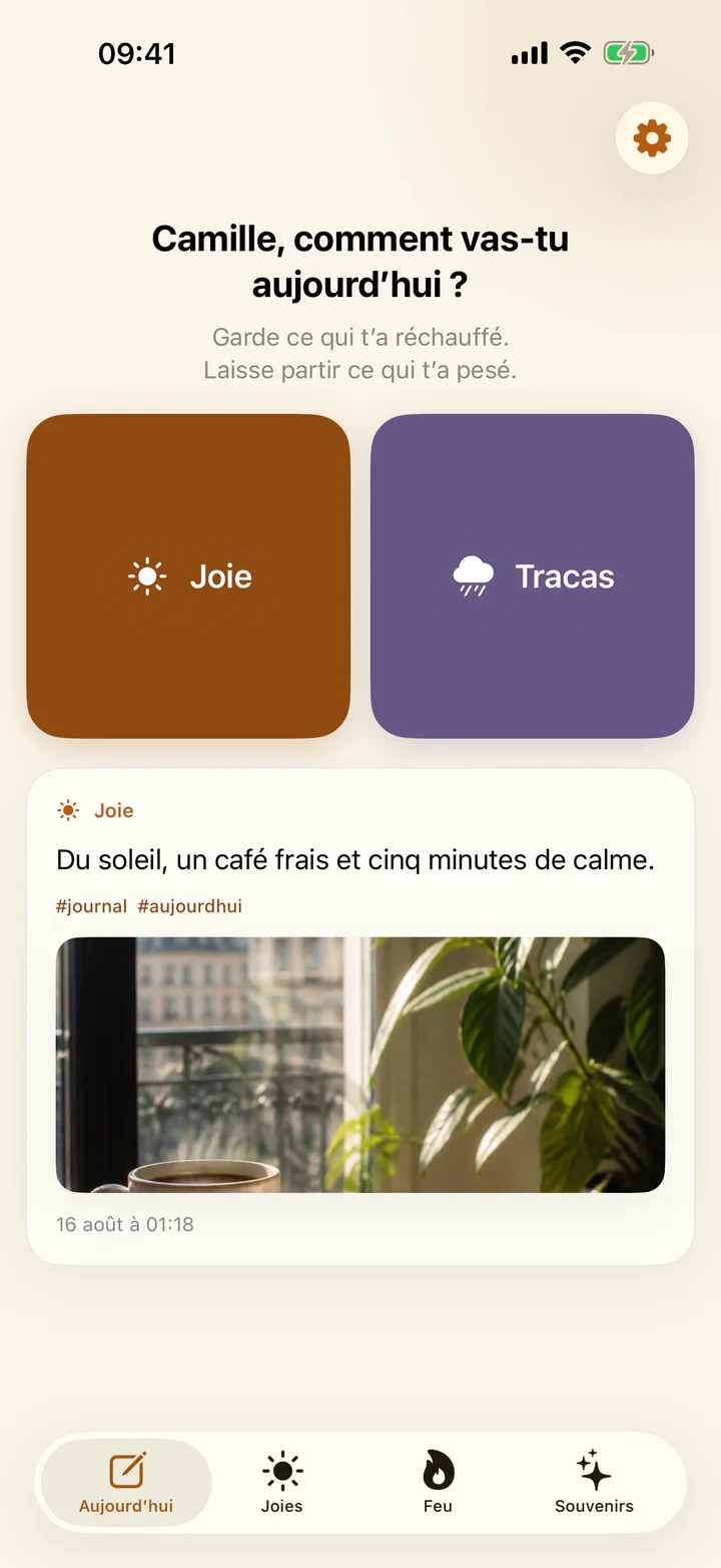 Écran Aujourd’hui de Joies & Tracas avec les boutons pour ajouter une joie ou un tracas