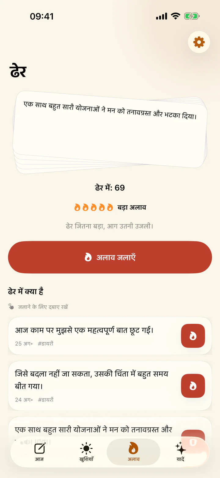 खुशियाँ और ग़म में कठिन डायरी प्रविष्टि को जलाना