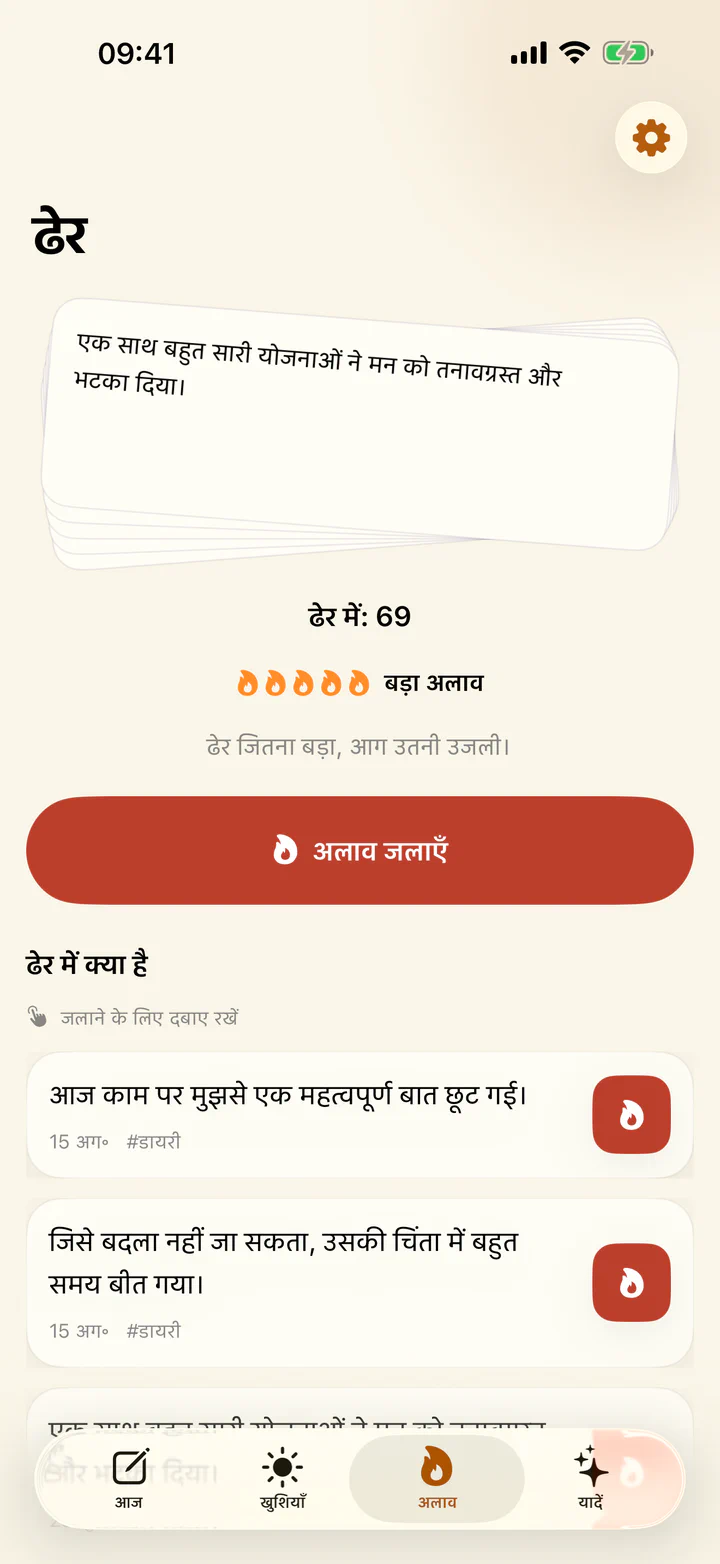 खुशियाँ और ग़म में कठिन डायरी प्रविष्टि को जलाना