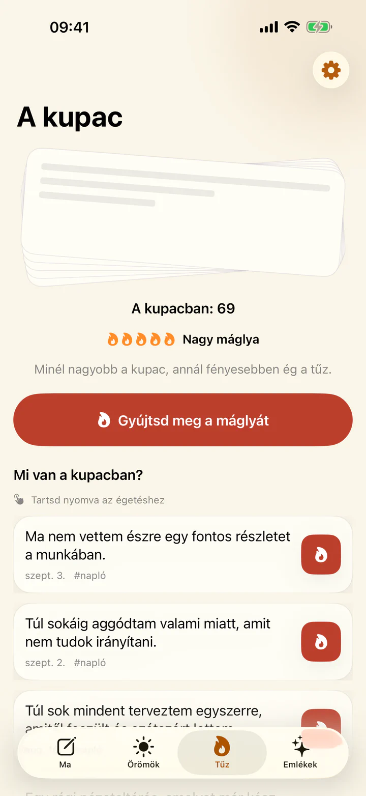 Egy nehéz naplóbejegyzés elégetése az Örömök és bánatok alkalmazásban