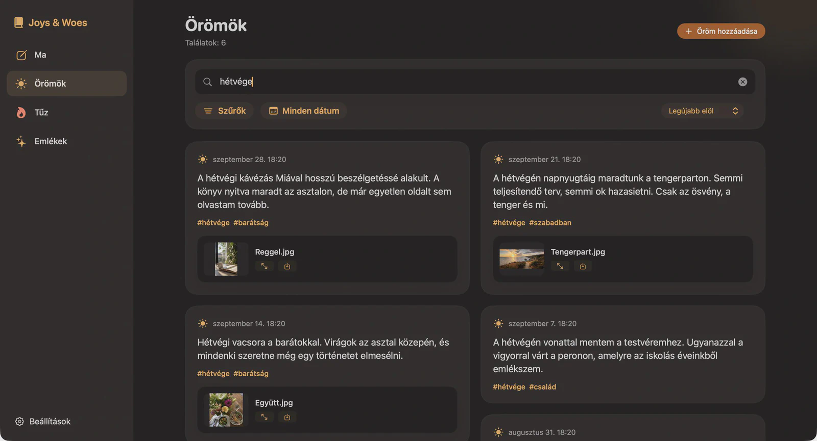 Örömök és bánatok Macen, oldalsávval és két oszlopba rendezett örömteli bejegyzésekkel