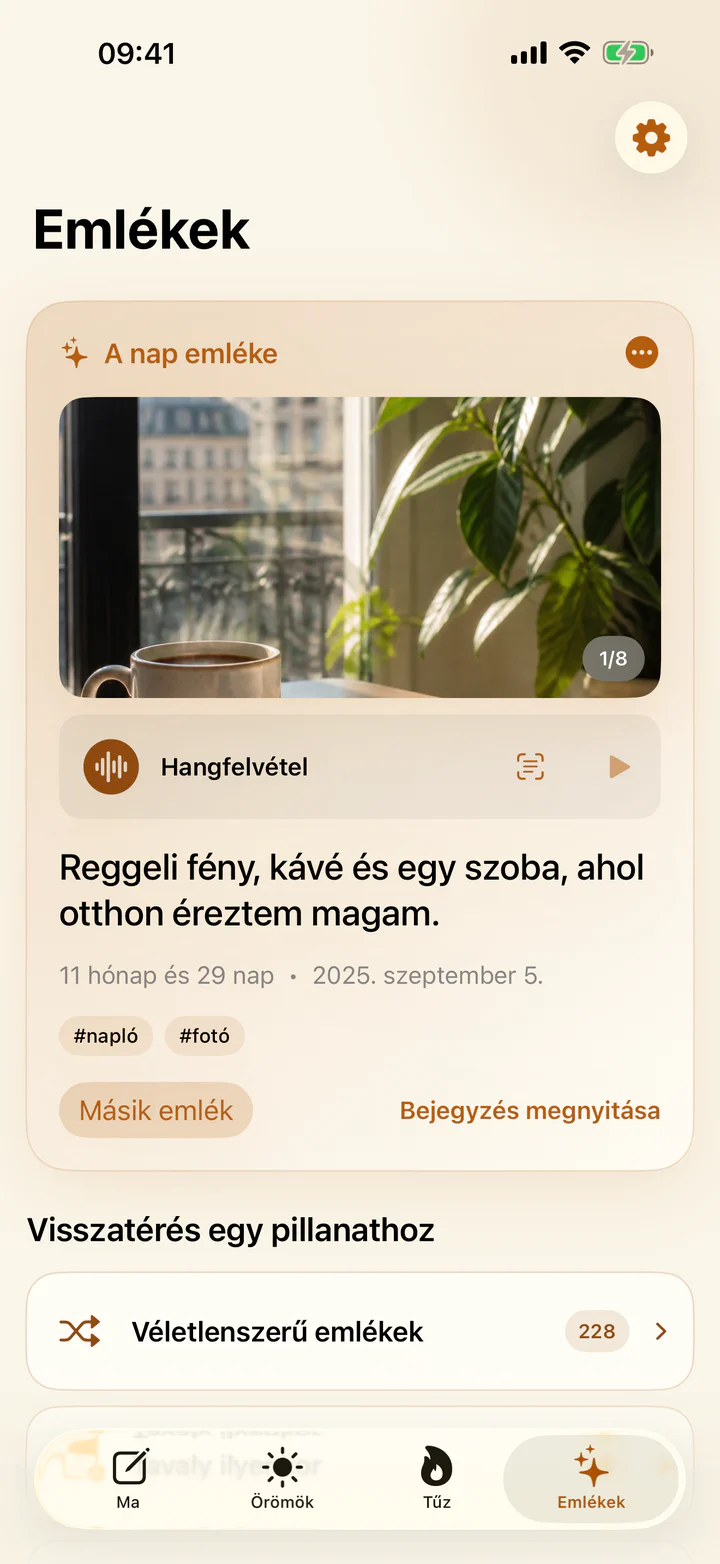 Az Örömök és bánatok Emlékek képernyője korábbi örömteli bejegyzésekkel