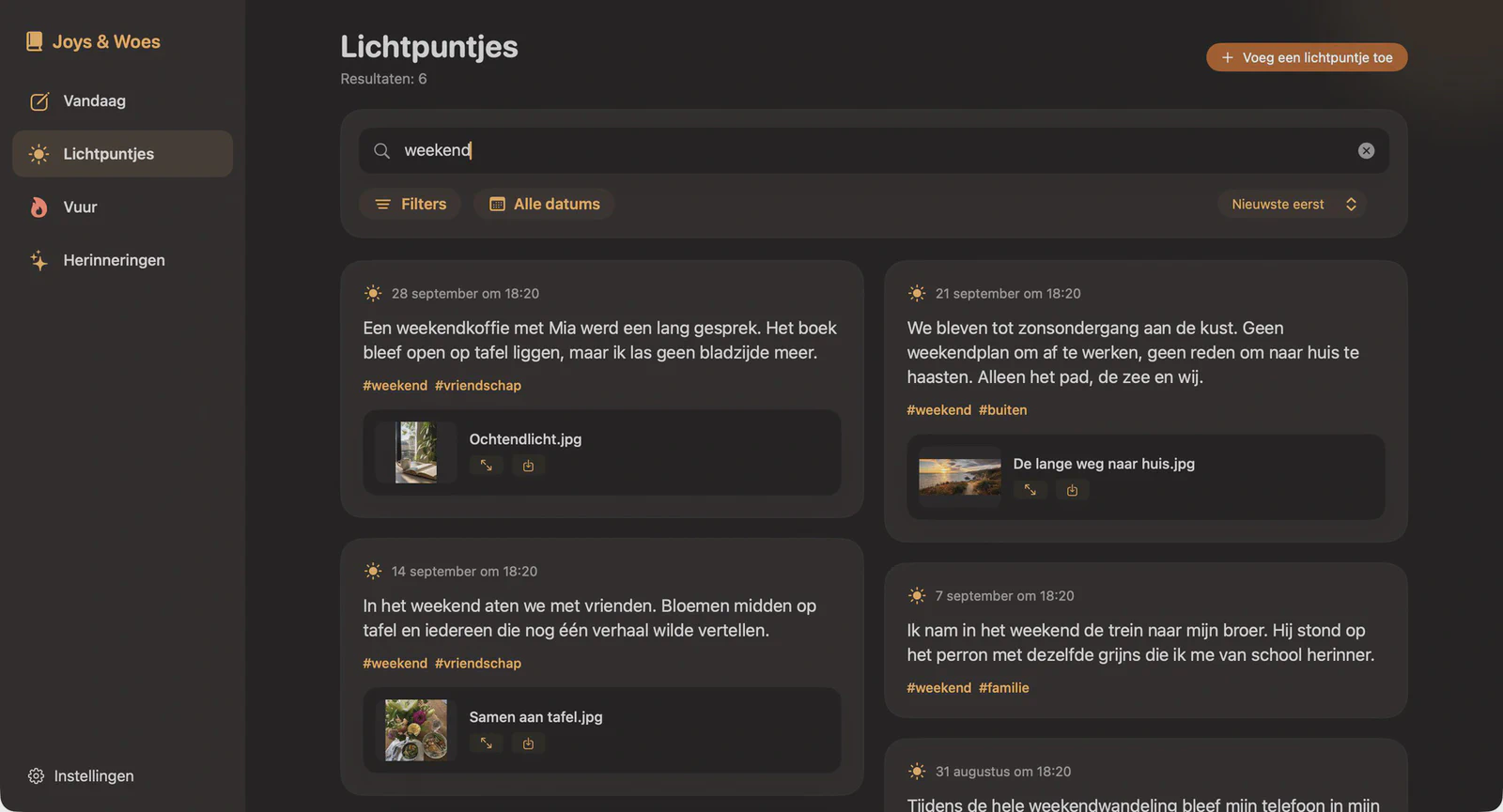 Joys & Woes op Mac, met een zijbalk en twee kolommen dagboeknotities over fijne momenten