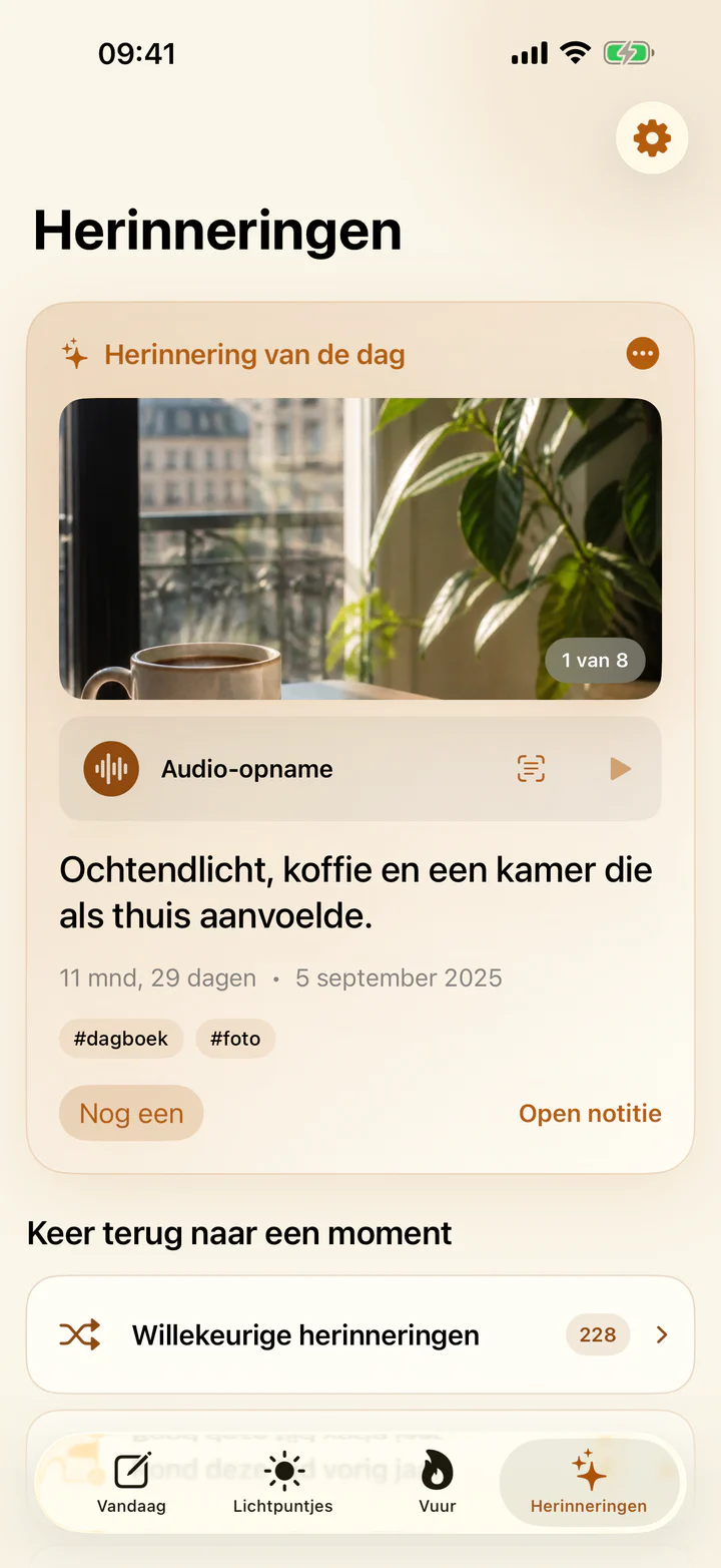 Het scherm Herinneringen met eerdere lichtpuntjes in Joys & Woes