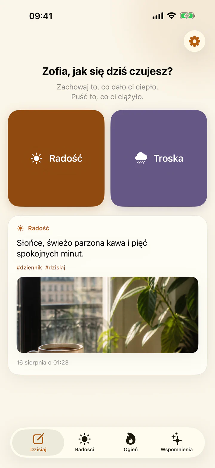 Ekran Dzisiaj w Radości i przykrości z przyciskami dodania radości lub troski