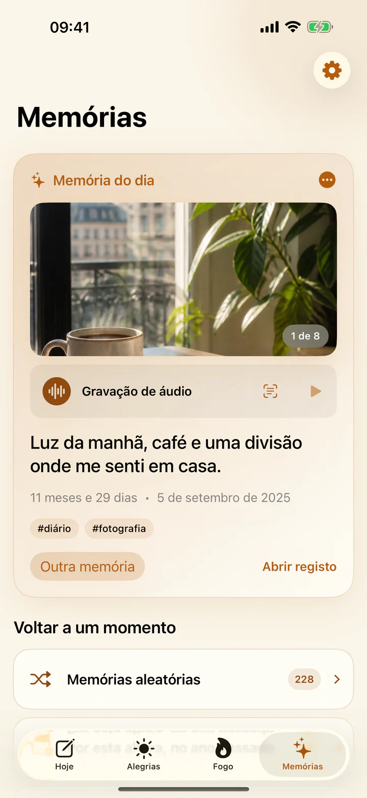 Ecrã Memórias de Alegrias e pesares com alegrias do passado