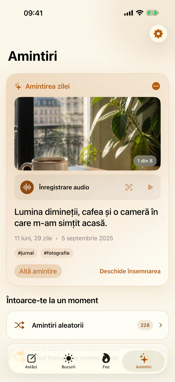 Ecranul Amintiri din Bucurii și necazuri, cu însemnări mai vechi despre bucurii