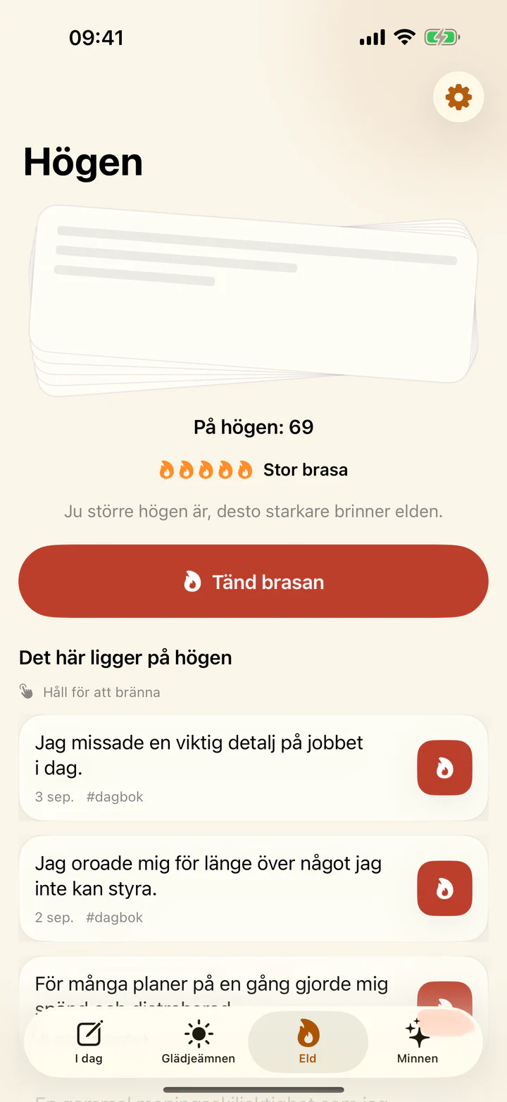 En svår dagboksanteckning bränns i Glädjeämnen & bekymmer