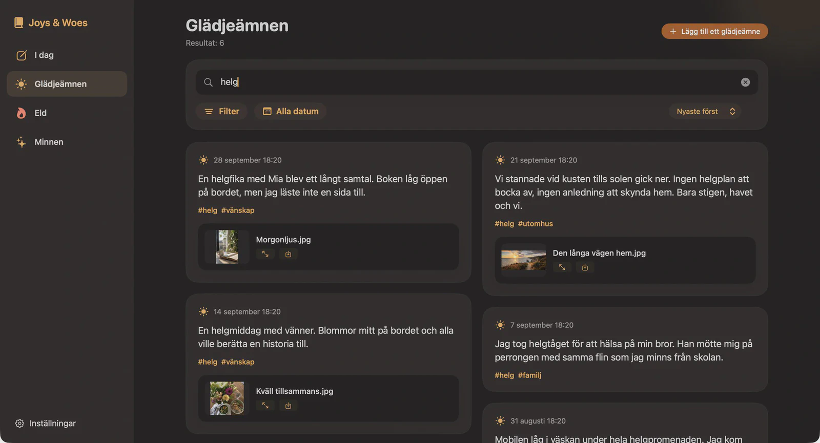 Glädjeämnen & bekymmer på Mac med sidofält och två kolumner av glada dagboksanteckningar