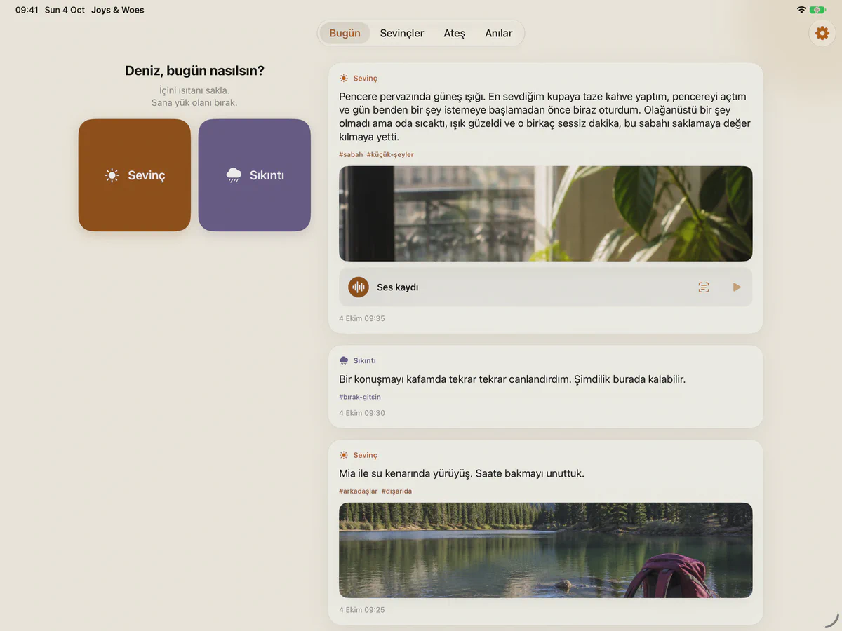 iPad’de yatay görünümde Joys & Woes Bugün ekranı